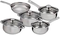 Conjunto de Panelas em Aço Inox 5 Peças com Tampas de Vidro Temperado – Panelas, Caçarolas e Frigideira com Design Moderno, Resistente e Sofisticado, Ideal para uma Cozinha Prática e Elegante.