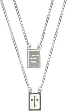 Escapulário Prateado Livrai-nos do Mal Amém com Cruz em Aço Inox 316 Para Presente Colar Corrente Cordão Masculio e Feminino