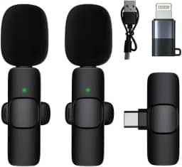 Microfone De Lapela Profissional Kit Com 2 Microfones Adaptador Para Iphone e Receptor Cancelamento De Ruídos Compatível Com Celular, Câmera E PC Conexão Via Bluetooth Para Gravações