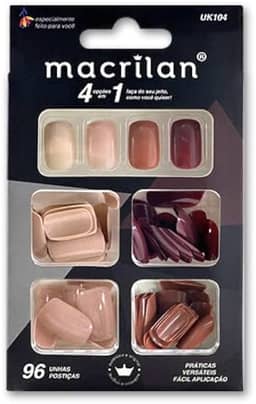 Unhas Postiças - Kit com 96 Peças e 4 Cores, Natural Look, Aplicação Simples - Macrilan UK104