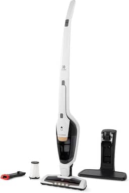 Aspirador de Pó vertical bateria Ergorapido 2 em 1 Electrolux 38 min base recarregamento luz frontal LED pedal limpeza facil da escova rotativa aspira escova capacidade 420Ml ERG25B Bivolt branco