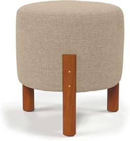 Puff Redondo Luxo Decorativo Charme com Pés de madeira Linho Bege