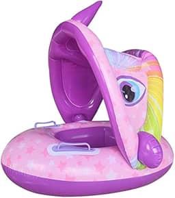 Boia de piscina para bebês com dossel, cama flutuante com apoio de braço, assento de segurança infantil com airbag, anel de natação em formato de desenho animado, adequado para bebês de 1 a 3 anos