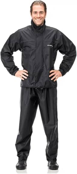 Capa de Chuva de Nylon com Gola PANTANEIRO 1000, Conjunto Impermeável para Motociclista, Preto, Jaqueta e Calça de Chuva com Faixa Refletiva, para Uso Externo