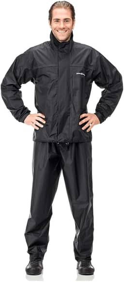 Capa de Chuva de Nylon com Gola PANTANEIRO 1000, Conjunto Impermeável para Motociclista, Preto, Jaqueta e Calça de Chuva com Faixa Refletiva, para Uso Externo