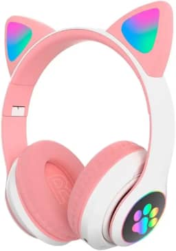 Fones de Ouvido Bluetooth sem Fio, Design de Orelhas de Gato, LED RGB, Microfone Embutido, Redução de Ruído, Rosa e Lilás (Rosa)