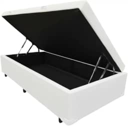 Cama Box Baú Solteiro, Blindado, Pistão a Gás. Pés de Madeira (Corino, Branco)