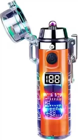 Isqueiro Elétrico de Plasma Resistente à Água, Display Digital,Recarregável USB-C, Lanterna LED - C/Cordão para Pendurar- Ideal para Acampamento e Uso Diário Laranja