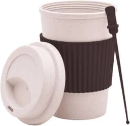 Kit 2 Copos de Café de Bambu Reutilizável Cores Sortidas Térmico com Tampa, Proteção Ondulada, Inclui Mexedor