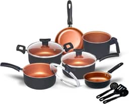 Conjunto de Panelas Antiaderente com Tampa de Vidro, 9 Peças, Revestimento Teflon, Cor Cobre, Utensílios em Nylon, Frigideiras e Caçarolas