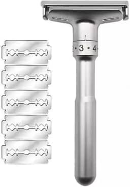 Barbeador Manual Ajustável em Metal com 5 Lâminas de Reposição, Níveis 1-6