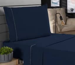 Jogo de Cama Classic Solteiro Percal 400 Fios Ponto Palito 03 Peças, Antiácaro, Anti-pilling com Toque Macio - Azul Marinho