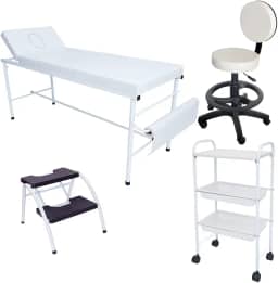 Kit Estética Branco Maca Fixa, Mocho, Escada e Carrinho Auxi