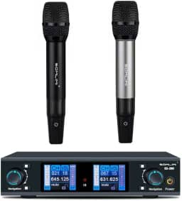 SOMLIMI ES200 Microfone sem fio duplo canal metálico para palco performance igreja ktv festa (ES200-Cinza + Preto)
