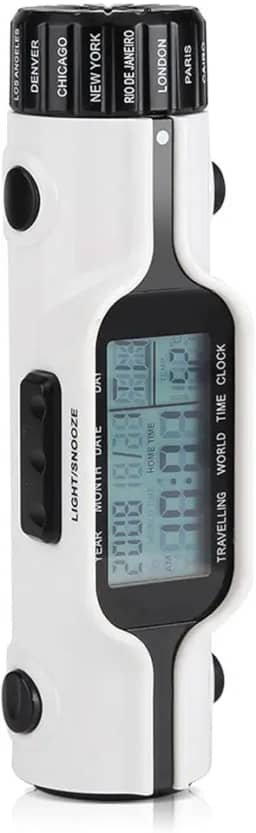 Pssopp Despertador de Viagem Com Lanterna de LED, 18 Fusos Horários Termômetro Mundial de Tempo, Despertador de Tamanho Multifuncional, Ideal para Viagens e Camping, Leve e Compacto