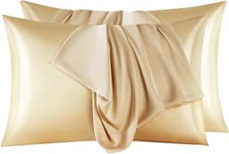 Conjunto de 2 fronhas de seda de amoreira, ambos os lados, fronhas de seda real para cabelos e pele, prevenção de acne, fronhas de seda orgânica com zíper oculto (pacote com 2, dourado, Queen)