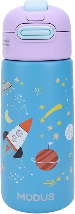 Garrafa Térmica Infantil - 500mL, Parede Dupla Livre de BPA, Anti Vazamento, com Canudo Silicone (Azul Espaço Sideral)