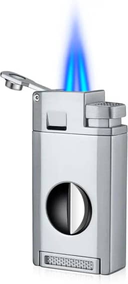 Isqueiro de charuto com cortador em V, furador, suporte de tochas de butano à prova de vento, isqueiro de metal recarregável, acessórios de charutos multifuncionais para homens (prata)