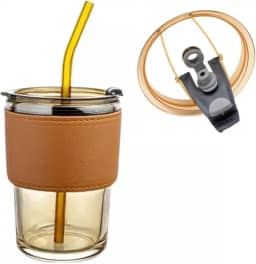 Copo De Vidro Com Canudo Tampa Hermética 450ML, Copo De Vidro Com Detalhe Em Couro, Canudo Reutilizável e Tampa Ideal para Chás Café Gelado Copo Premium (Dourado)