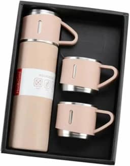 Kit Garrafa Termica Inox Isolada a Vacuo Parede Dupla Com Tampa Caneca e 2 Canecas 500ML Para Quente Gelado (Kit Rosa)