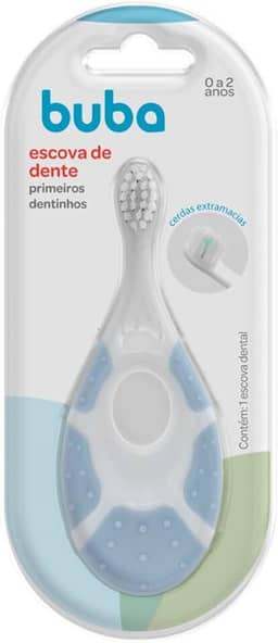 Buba Escova de Dente para Primeiros Dentinhos, 0-2 Anos, Cerdas Extra Macias, 10,5 cm, Branco e Azul