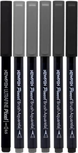 Caneta Ponta Pincel, Newpen, Brush Pen, Tons de Cinza, 6 Cores