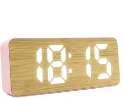 Relógio Despertador Digital de Mesa com Display LED 12/24h – Alarme, Calendário e Design Moderno em Bambu para Quarto, Escritório ou Setup (Rosa)