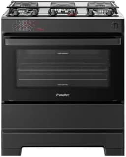 Fogão Esmaltec 5 Bocas Ideal Master Mesa Inox Tampa de Vidro Forno 84 Litros Preto T5ITP Bivolt