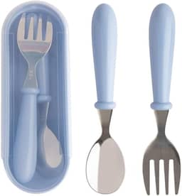 Jogo Talheres Colher Garfo Inox Infantil Kit Com Estojo Bebê, introdução alimentar, passeios e viagens, (Azul)