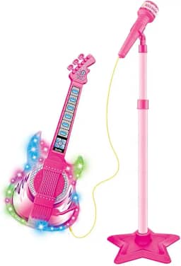 Guitarra com Microfone Pedestal Rock Show Rosa, DM Toys