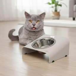 Comedouro inclina Elevado para gatos, base em Alumínio com Tigela Removível em Aço Inox, Pés Antiderrapantes (branco)