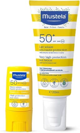 Mustela Combo Protetor Solar Stick FPS 50 8g Filtro Solar Facial em Bastão + Protetor Solar Infantil e Adulto Loção FPS 50+ 200 ml