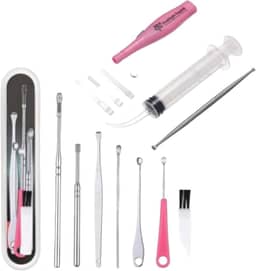 Kit Com 7 Peças Limpeza Auricular Cera Ouvido Orelha Cureta Espátulas + Seringa Lavagem Ouvido