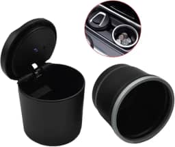 Cinzeiro Automotivo com LED Azul, Tampa Removível, 8,5 x 7,5 cm, Preto, Portátil, à prova de cheiro