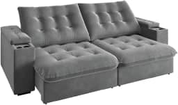 Sofá Retrátil e Reclinável 3 Lugares 2,30m com Porta Copos Veludo New Coliseu Cinza Selmer