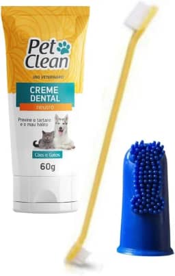 Kit Escova de Dente cabo longo Dedeira e Creme Dental Neutro Pet Clean 60g Previne Mau Hálito Tártaro Saude Bucal de Cães e gatos