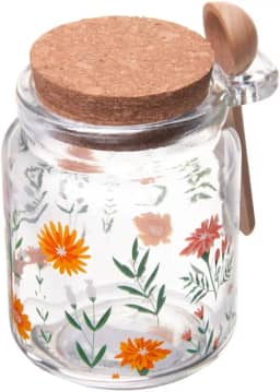 LYOR - Porta Mantimento Redondo de Vidro com Tampa e Colher de Bambu Flora 240ml - Organização de Alimentos