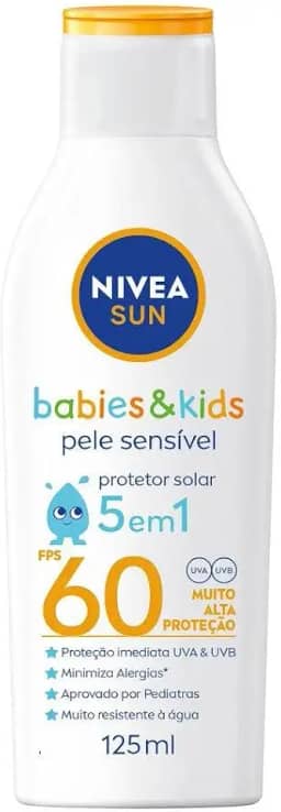 NIVEA SUN Protetor Solar Kids & Babies Pele Sensível FPS 60 125ml - Infantil, muito alta proteção UVA/UVB, minimiza o surgimento de alergias, muito resistente à água com proteção imediata