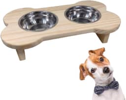 Genérico Comedouro Elevado para Cachorro, Natural, Madeira, Base Elevada com 2 Tigelas de Aço Inox, Moderno, 38x22x10 cm