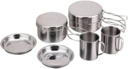 Kit Panelas Camping Inox 8 Peças, Aço Inoxidável, com Potes, Frigideira, Pratos e Canecas, para Viagem, Pesca e Praia