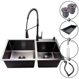 Cuba Gourmet Dupla Preta para Cozinha SOFTINOX 78x43 - Kit Completo com Torneira Monocomando e Acessórios para Pia Gourmet