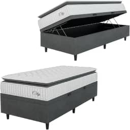 Cama Box Baú Colchão Solteiro Molas Ensacadas City Pillow Top 88x188x64cm Branco/Cinza Hellen - Suporta até 110kg por Pessoa