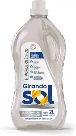 Lava Roupas Líquido Hipoalergênico Girando Sol 2L, Sabão Líquido Lava Roupa Para Peles Sensíveis (Embalagem pode variar)
