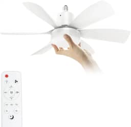 Ventilador de Teto E27 com Controle Remoto, 6 Pás Potentes, Luz LED 25W 3 Cores, Instalação Fácil Tipo Lâmpada, Silencioso e com Função Noturna