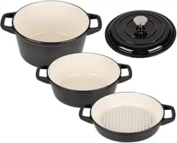 Panelas de Ferro Fundido com Tampa – Conjunto 3 Peças para Cozinha Profissional e Doméstica (Preto)