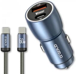 Carregador Veicular Turbo 60W Duas Portas Para Automóvel Carregador de Carro Duas Entradas com Carregamento Super Rápido + Cabo USB-C Premium