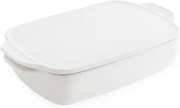 Chef Pomodoro Caçarola (15,50 × 30 cm, 39,3 x 30 cm), assadeiras de cerâmica branca para forno, caçarola de cerâmica profunda, assadeira elegante com tampa, assadeira de forno ideal para lasanha