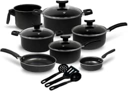 Jogo de Panelas 10 Peças Preto Antiaderente c/Tampa de Vidro e Utensílios
