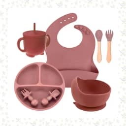 Kit Introdução Alimentar Bebe 8 Peças Antiderrapante BPA Free Prato Dividido Talheres Copo e Babador Infantil Seguro Resistente e Fácil de Limpar (Vermelho)
