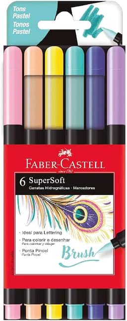 Caneta Ponta Pincel, Faber-Castell, Supersoft Brush, 6 Cores Pastel